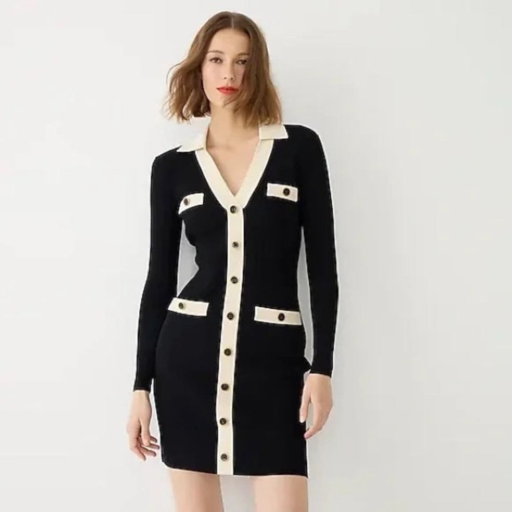 J. Crew Blue and Black Sheath Dress with Notched Collar